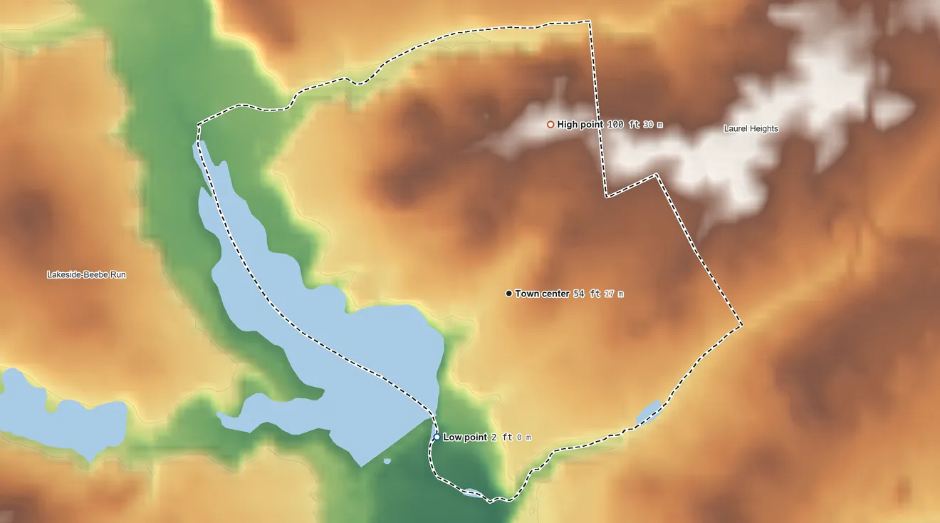 Topographic elevation map of Sunset Lake, New Jersey, shaded from 2 ft on the southwest side to 100 ft on the north side