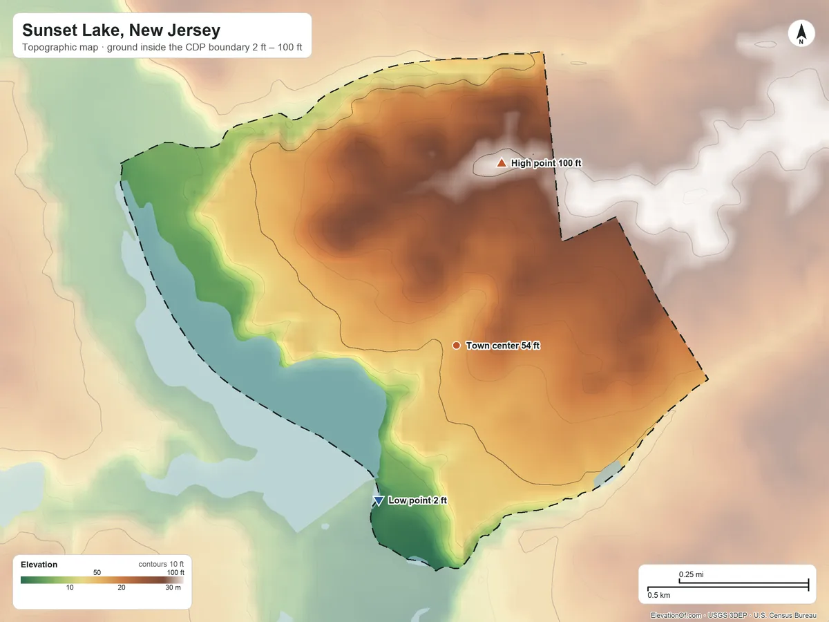 Topographic elevation map of Sunset Lake, New Jersey, shaded from 2 ft on the southwest side to 100 ft on the north side