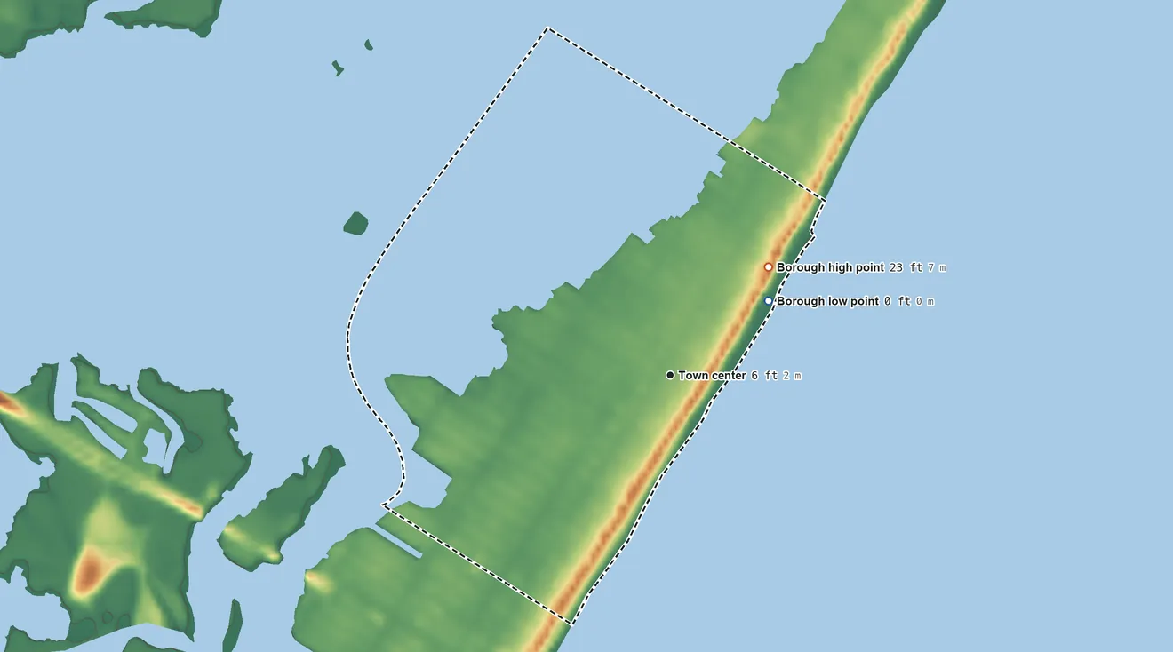 Topographic elevation map of Surf City, New Jersey, shaded from sea level level on the Atlantic Ocean to 23 ft on the northeast side