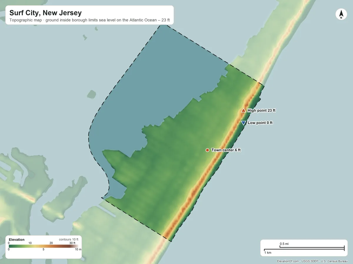 Topographic elevation map of Surf City, New Jersey, shaded from sea level level on the Atlantic Ocean to 23 ft on the northeast side
