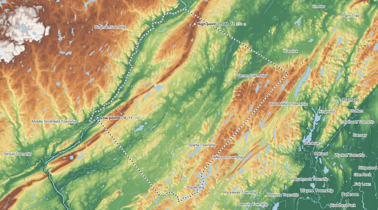 Topographic elevation map of Sussex County, New Jersey, shaded from 320 ft on the west side to 1,800 ft on Kittatinny Mountain