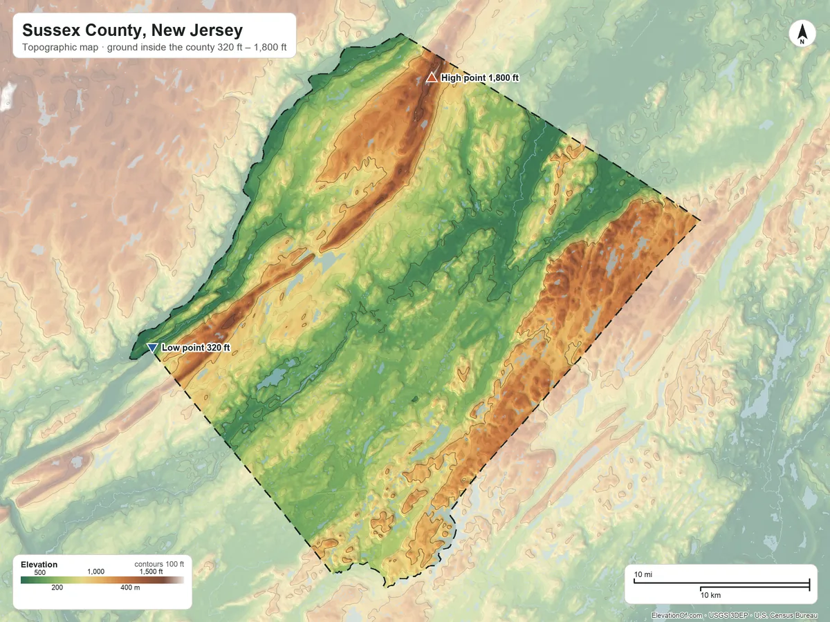 Topographic elevation map of Sussex County, New Jersey, shaded from 320 ft on the west side to 1,800 ft on Kittatinny Mountain