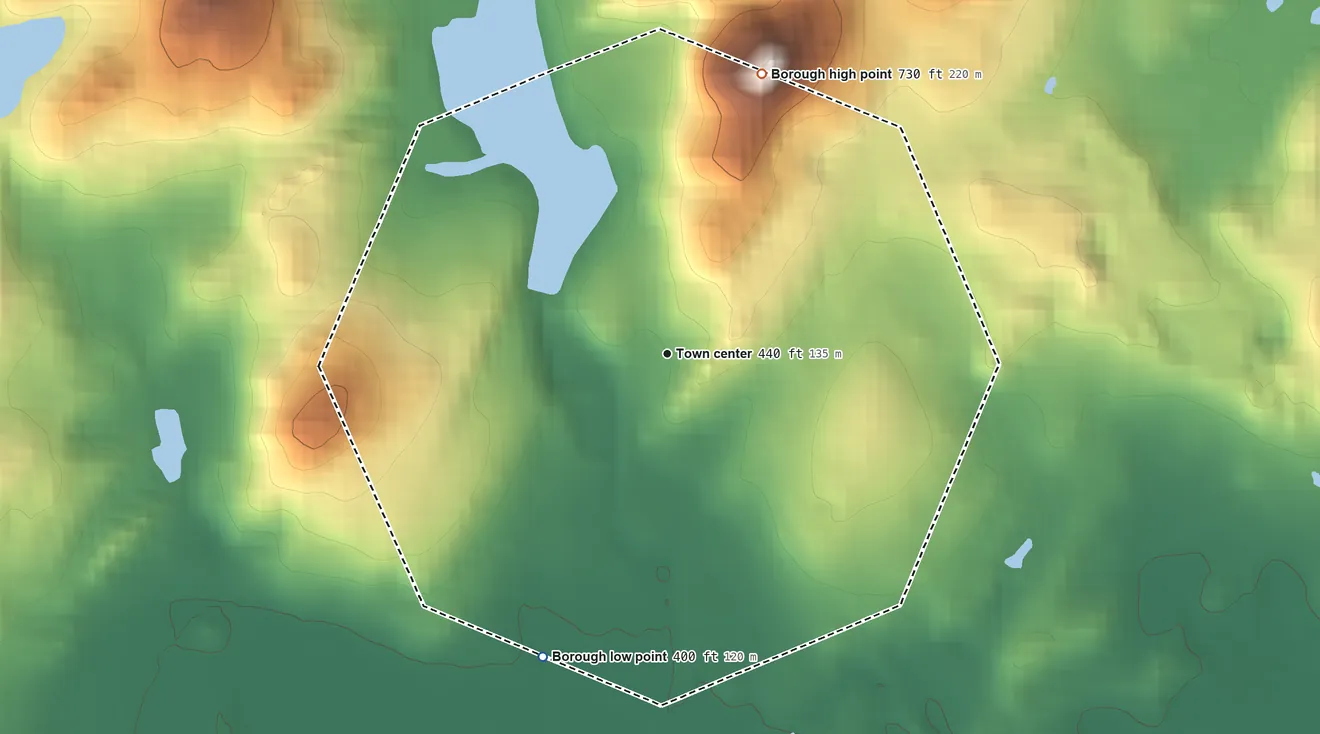 Topographic elevation map of Sussex, New Jersey, shaded from 400 ft on the south side to 730 ft on the north side