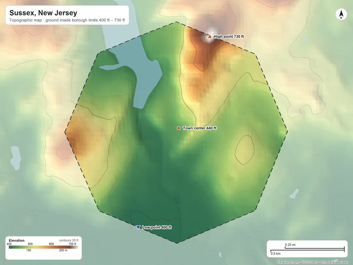 Topographic elevation map of Sussex, New Jersey, shaded from 400 ft on the south side to 730 ft on the north side