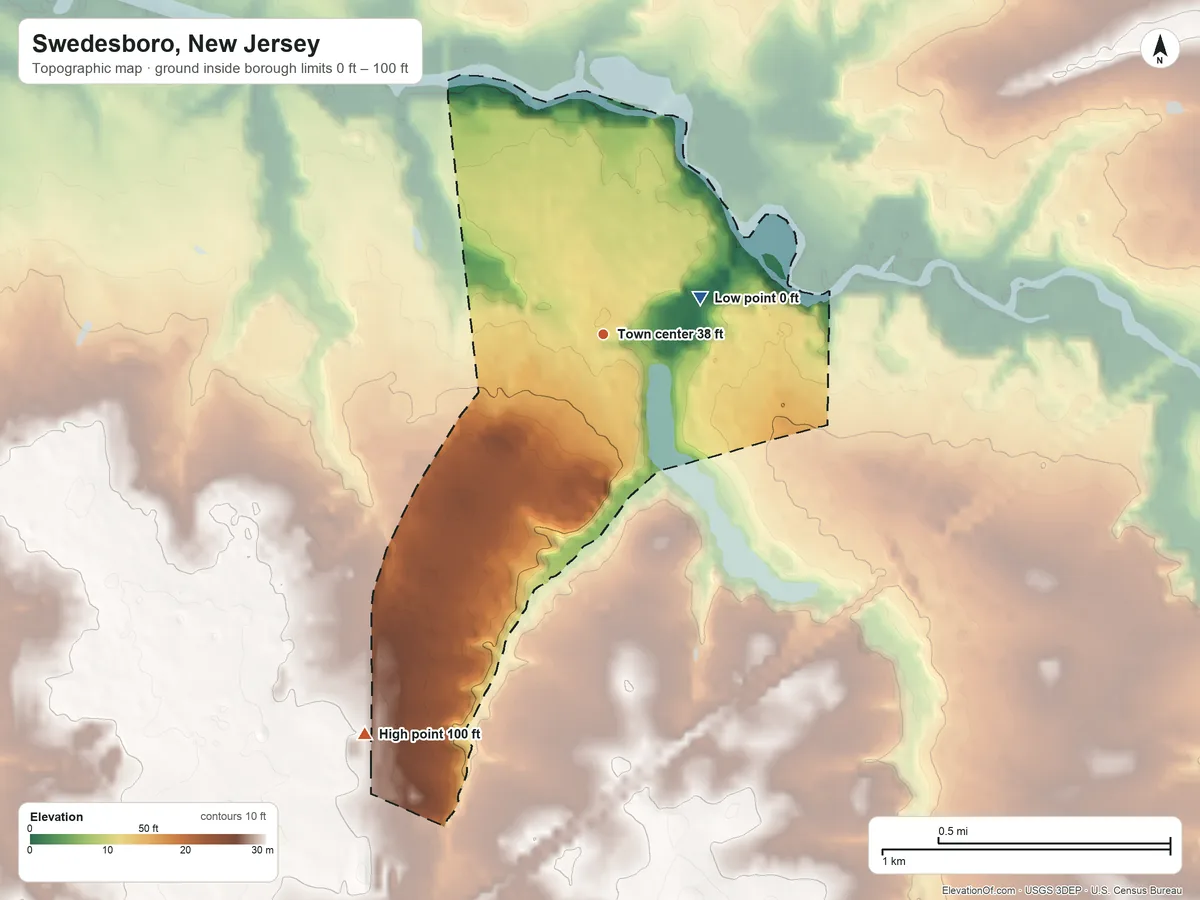 Topographic elevation map of Swedesboro, New Jersey, shaded from 0 ft on the east side to 100 ft on the southwest side