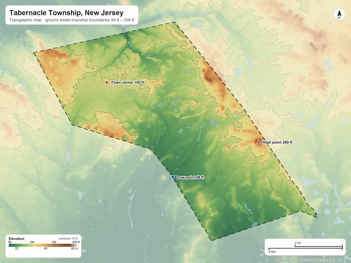 Topographic elevation map of Tabernacle Township, New Jersey, shaded from 48 ft on the southeast side to 200 ft on Apple Pie Hill