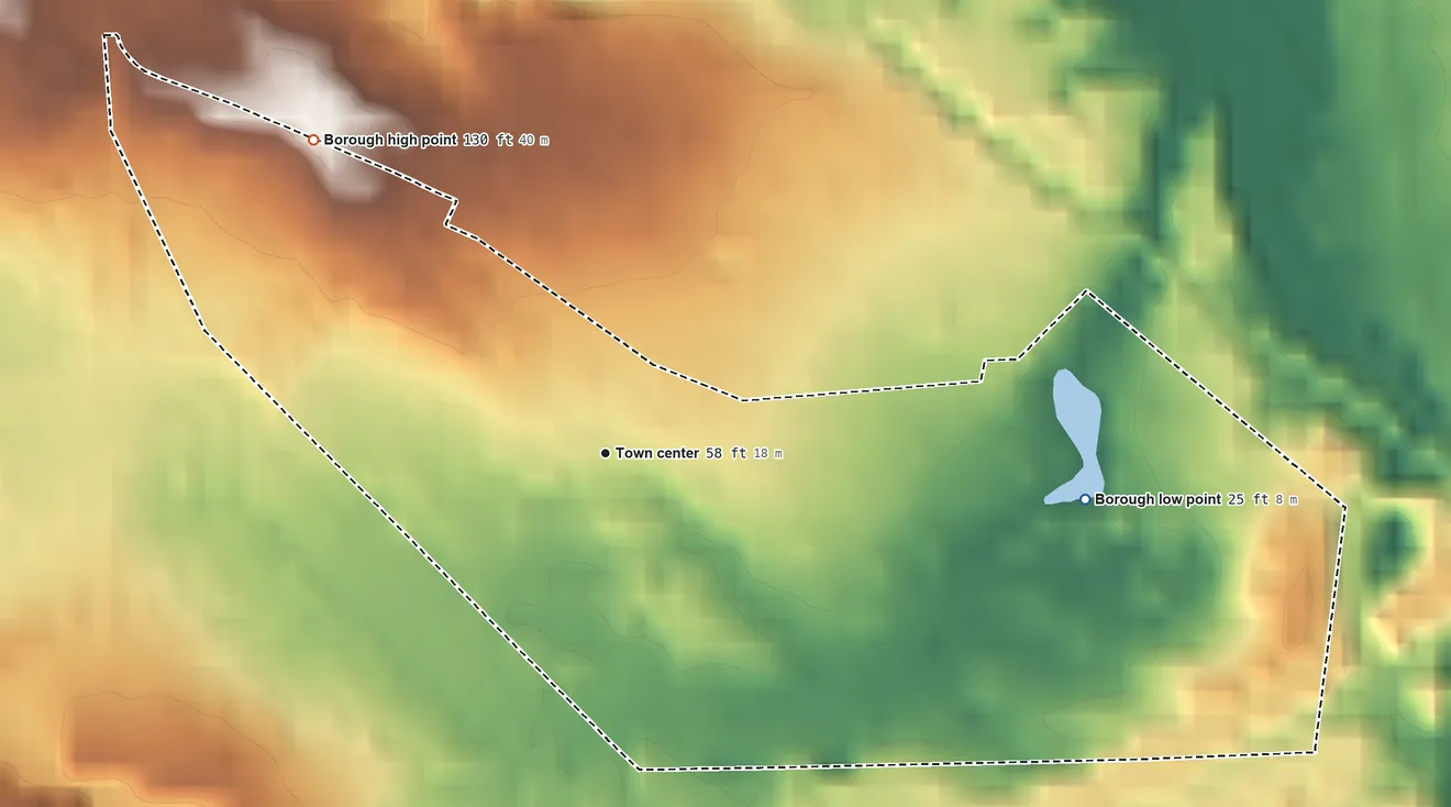 Topographic elevation map of Tavistock, New Jersey, shaded from 25 ft on the east side to 130 ft on the northwest side