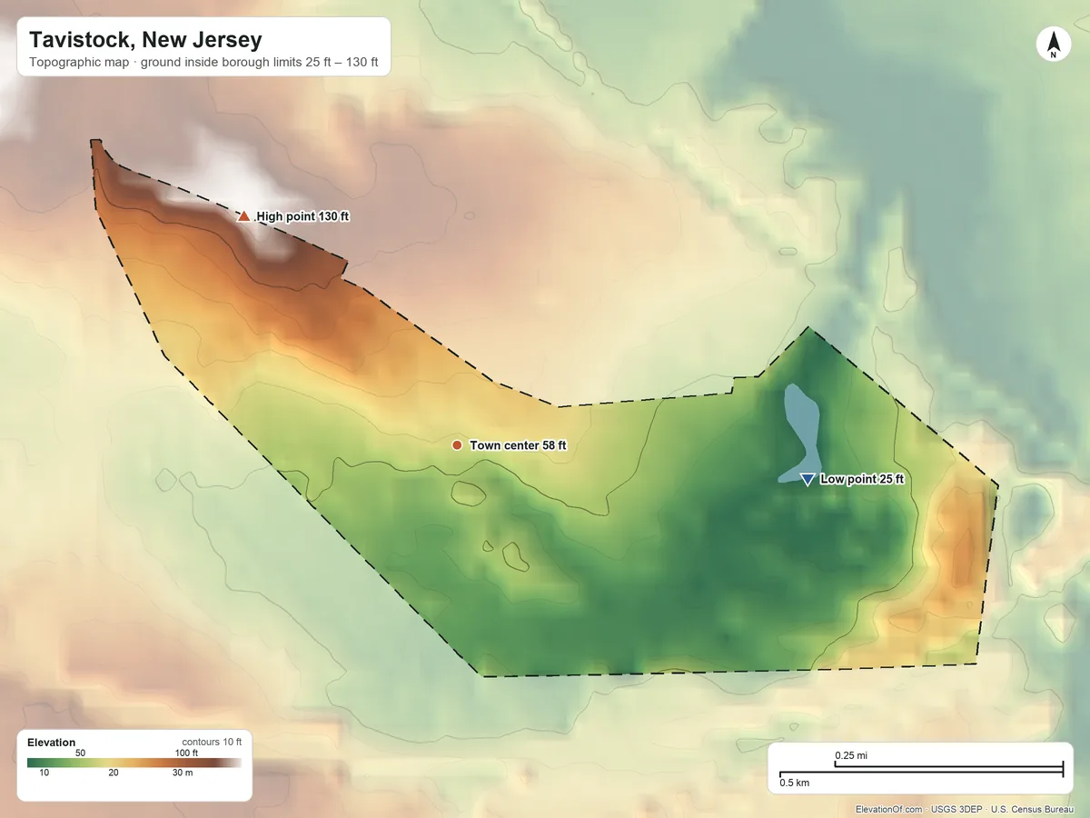 Topographic elevation map of Tavistock, New Jersey, shaded from 25 ft on the east side to 130 ft on the northwest side