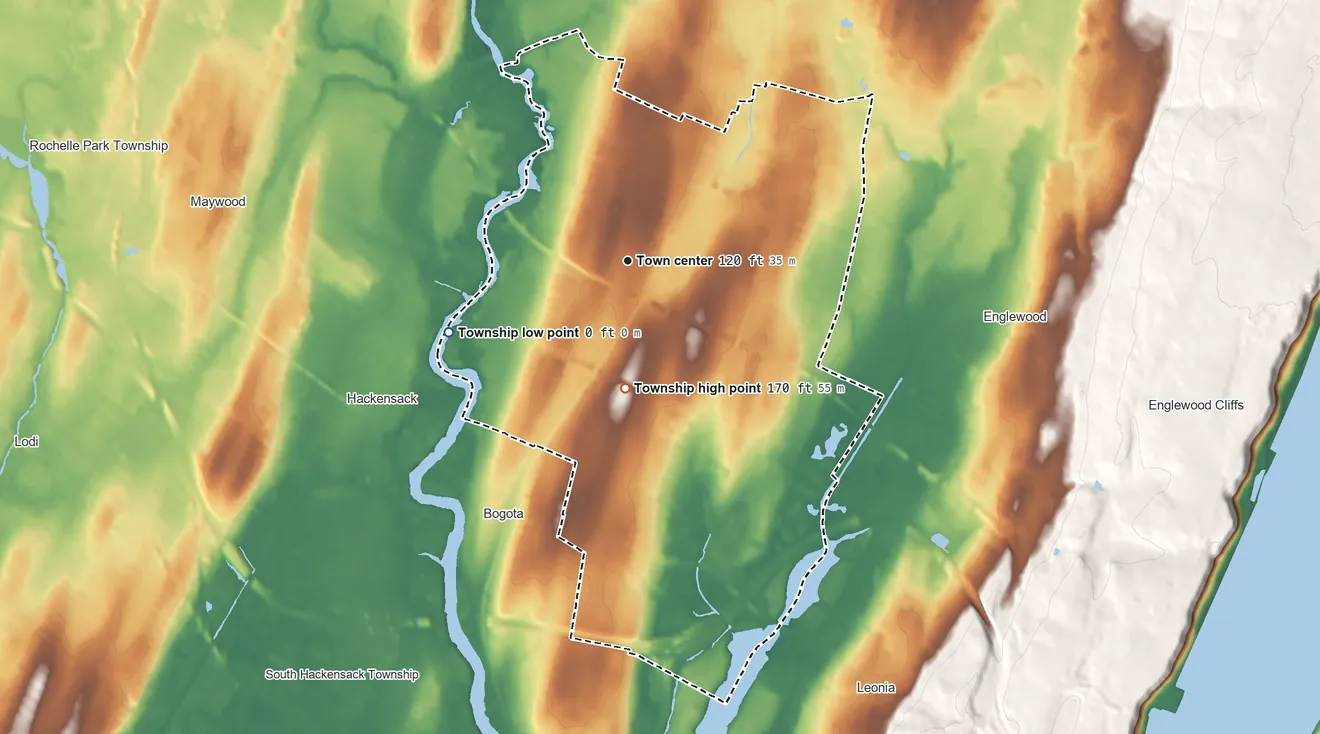 Topographic elevation map of Teaneck Township, New Jersey, shaded from 0 ft on the west side to 170 ft on the south side