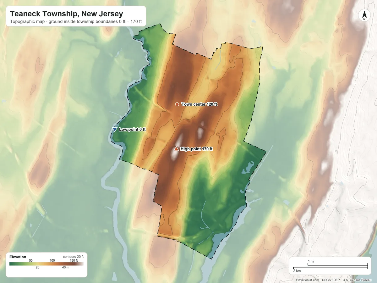 Topographic elevation map of Teaneck Township, New Jersey, shaded from 0 ft on the west side to 170 ft on the south side