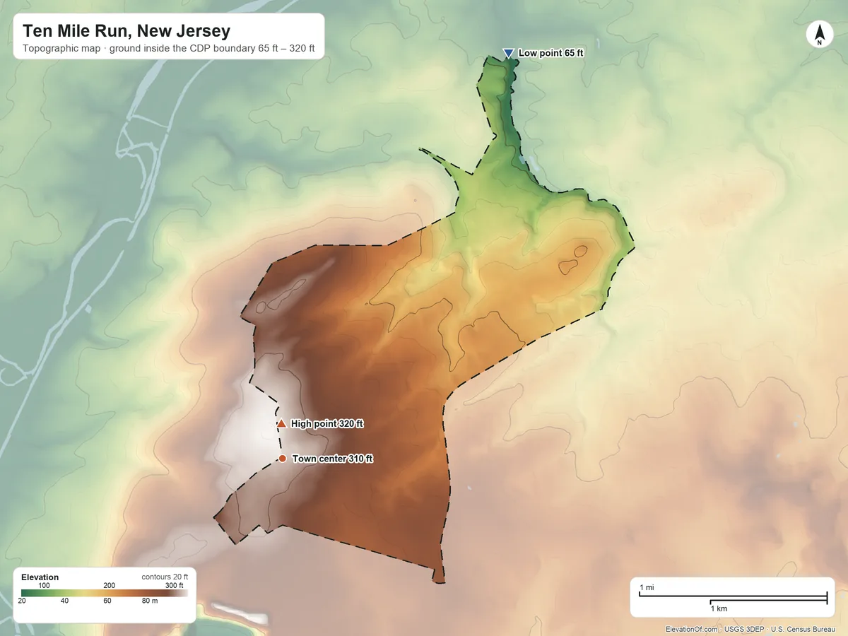 Topographic elevation map of Ten Mile Run, New Jersey, shaded from 65 ft on the northeast side to 320 ft near the middle