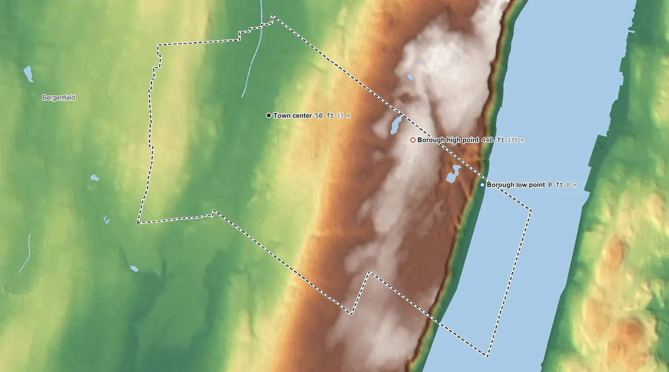 Topographic elevation map of Tenafly, New Jersey, shaded from 0 ft on the east side to 440 ft on the east side