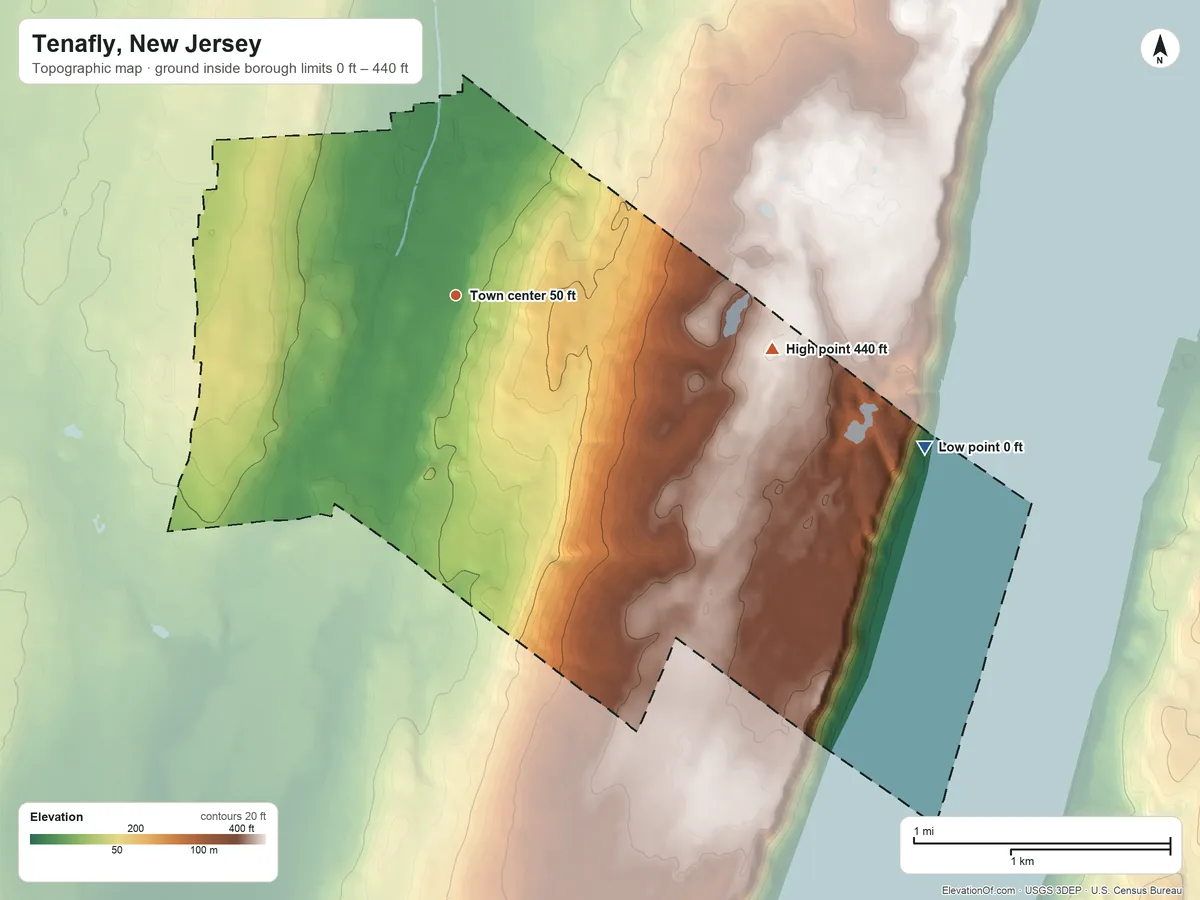 Topographic elevation map of Tenafly, New Jersey, shaded from 0 ft on the east side to 440 ft on the east side