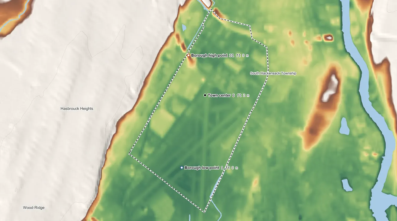 Topographic elevation map of Teterboro, New Jersey, shaded from 1 ft on the south side to 31 ft on the northwest side