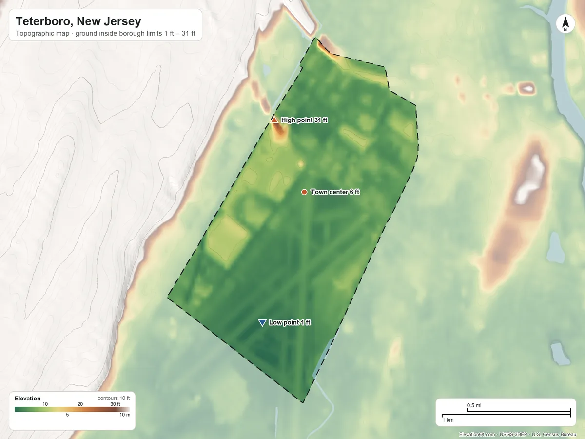 Topographic elevation map of Teterboro, New Jersey, shaded from 1 ft on the south side to 31 ft on the northwest side