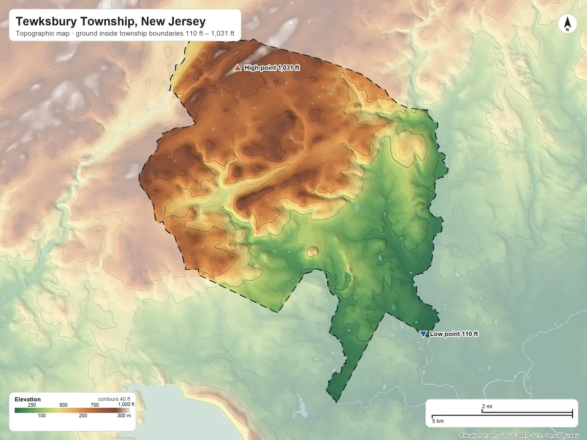 Topographic elevation map of Tewksbury Township, New Jersey, shaded from 110 ft on the southeast side to 1,031 ft on Fox Hill