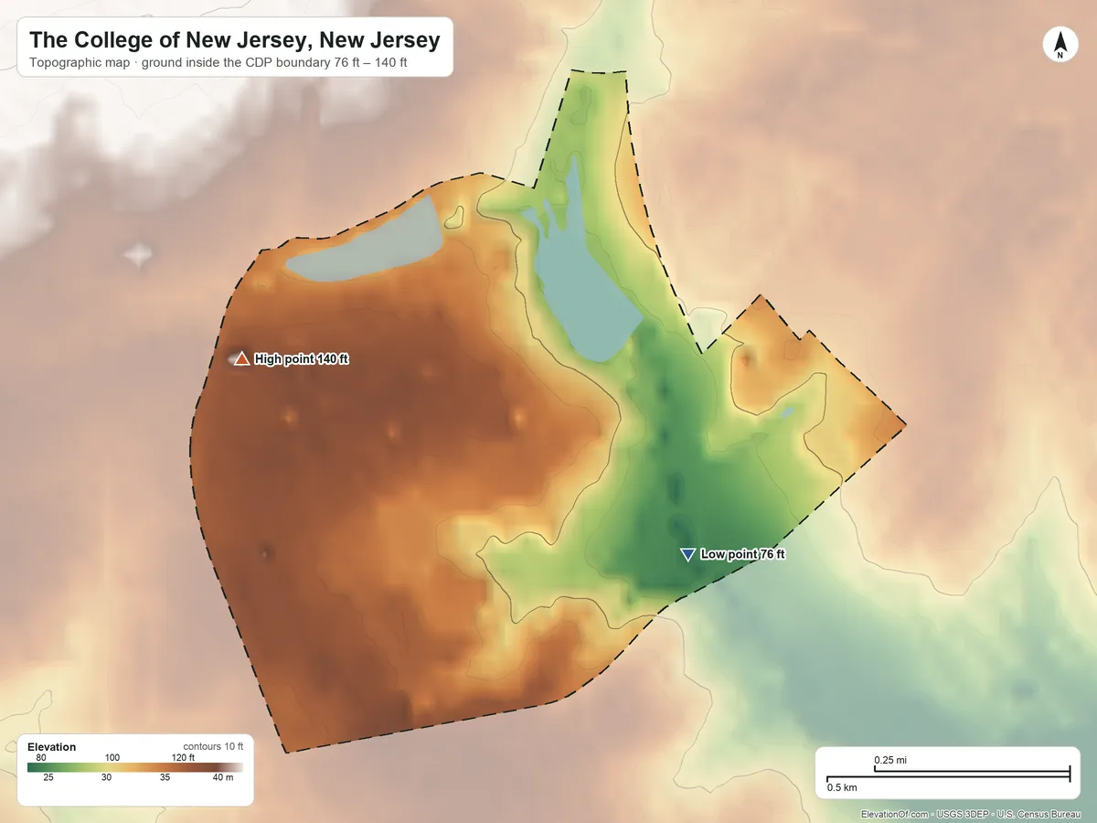 Topographic elevation map of The College of New Jersey, New Jersey, shaded from 76 ft on the east side to 140 ft on the northwest side