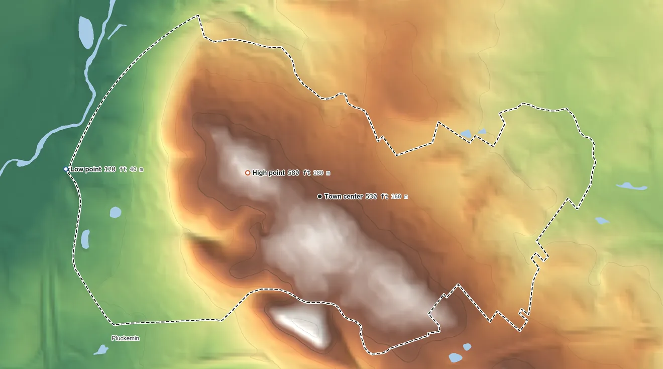Topographic elevation map of The Hills, New Jersey, shaded from 120 ft on the west side to 580 ft on the west side