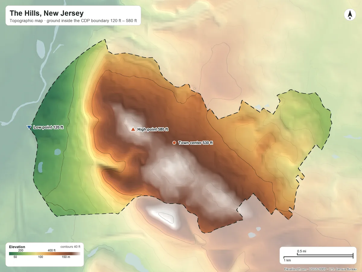 Topographic elevation map of The Hills, New Jersey, shaded from 120 ft on the west side to 580 ft on the west side