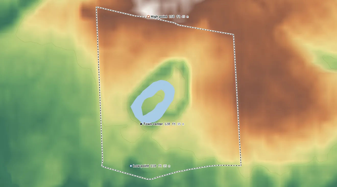 Topographic elevation map of The Ponds, New Jersey, shaded from 110 ft on the south side to 150 ft on the north side