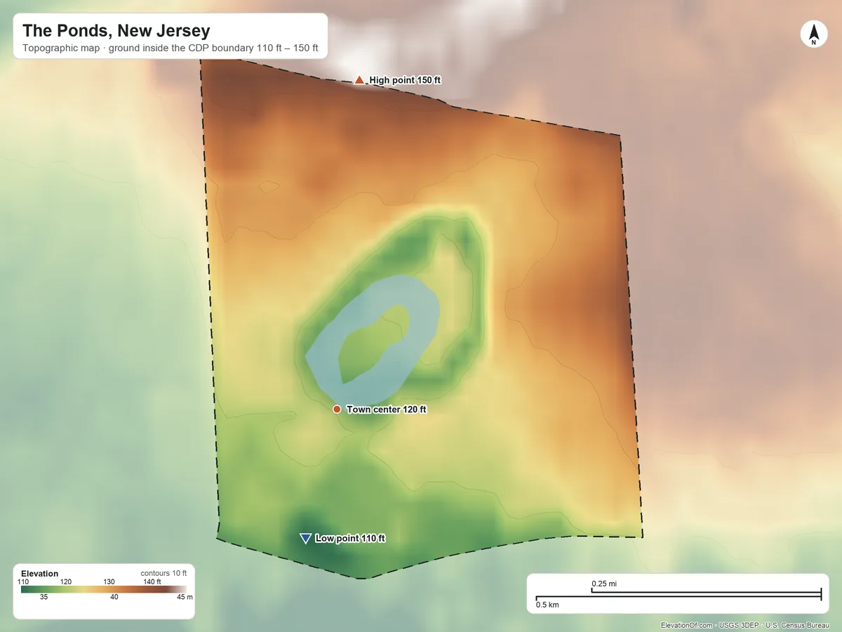 Topographic elevation map of The Ponds, New Jersey, shaded from 110 ft on the south side to 150 ft on the north side