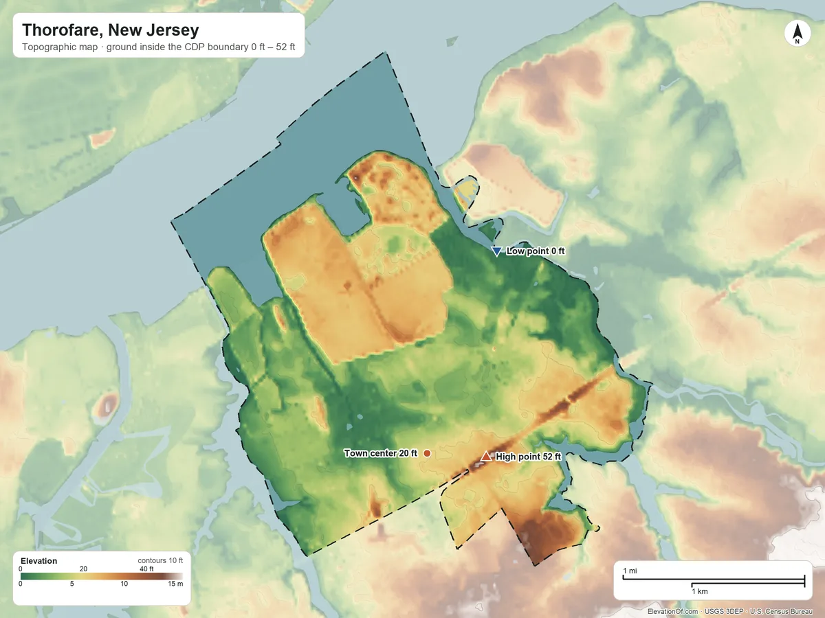 Topographic elevation map of Thorofare, New Jersey, shaded from 0 ft on the north side to 52 ft near the middle