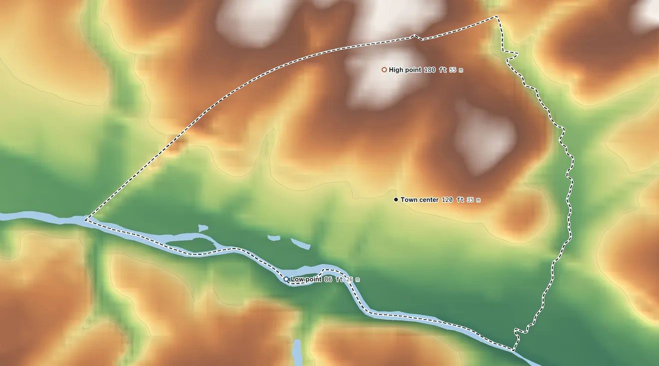 Topographic elevation map of Three Bridges, New Jersey, shaded from 86 ft on the southwest side to 180 ft on the north side