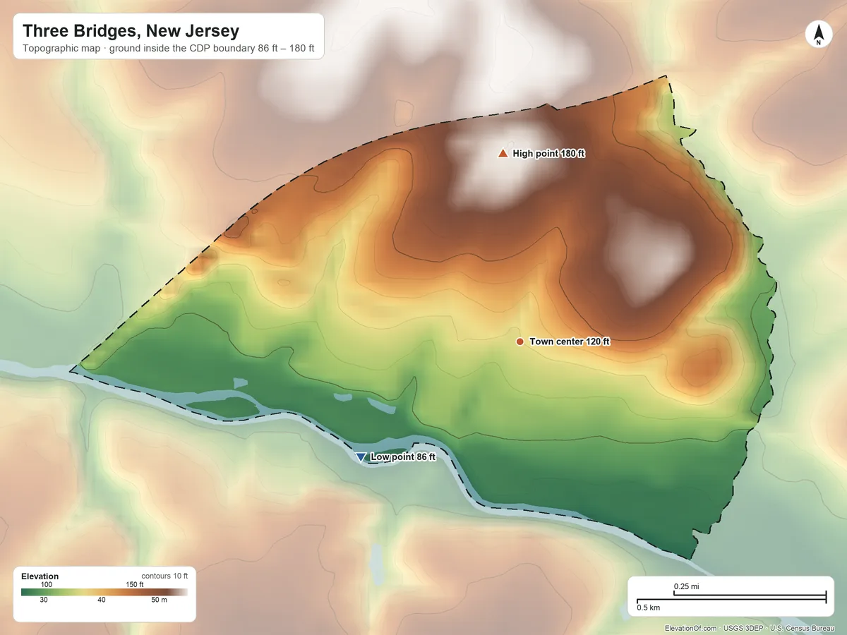 Topographic elevation map of Three Bridges, New Jersey, shaded from 86 ft on the southwest side to 180 ft on the north side