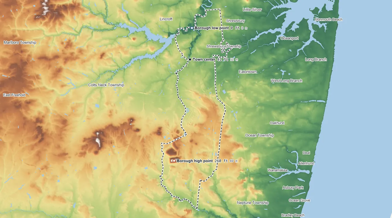 Topographic elevation map of Tinton Falls, New Jersey, shaded from 0 ft on the north side to 260 ft on the south side
