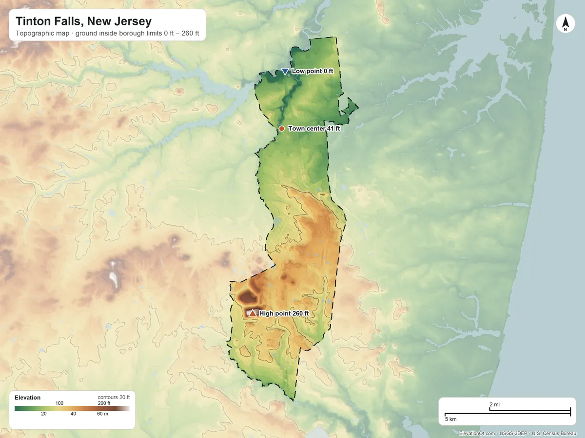 Topographic elevation map of Tinton Falls, New Jersey, shaded from 0 ft on the north side to 260 ft on the south side