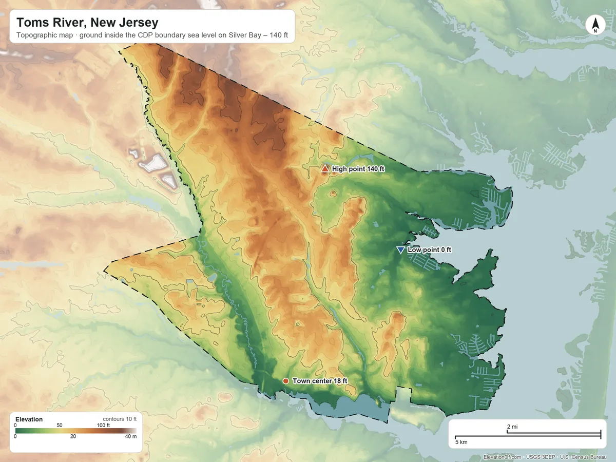 Topographic elevation map of Toms River, New Jersey, shaded from sea level level on Silver Bay to 140 ft on the north side