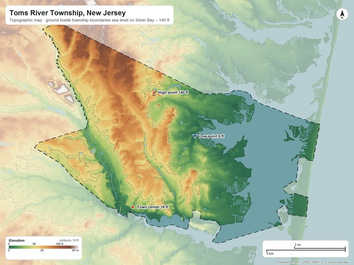 Topographic elevation map of Toms River Township, New Jersey, shaded from sea level level on Silver Bay to 140 ft on the north side