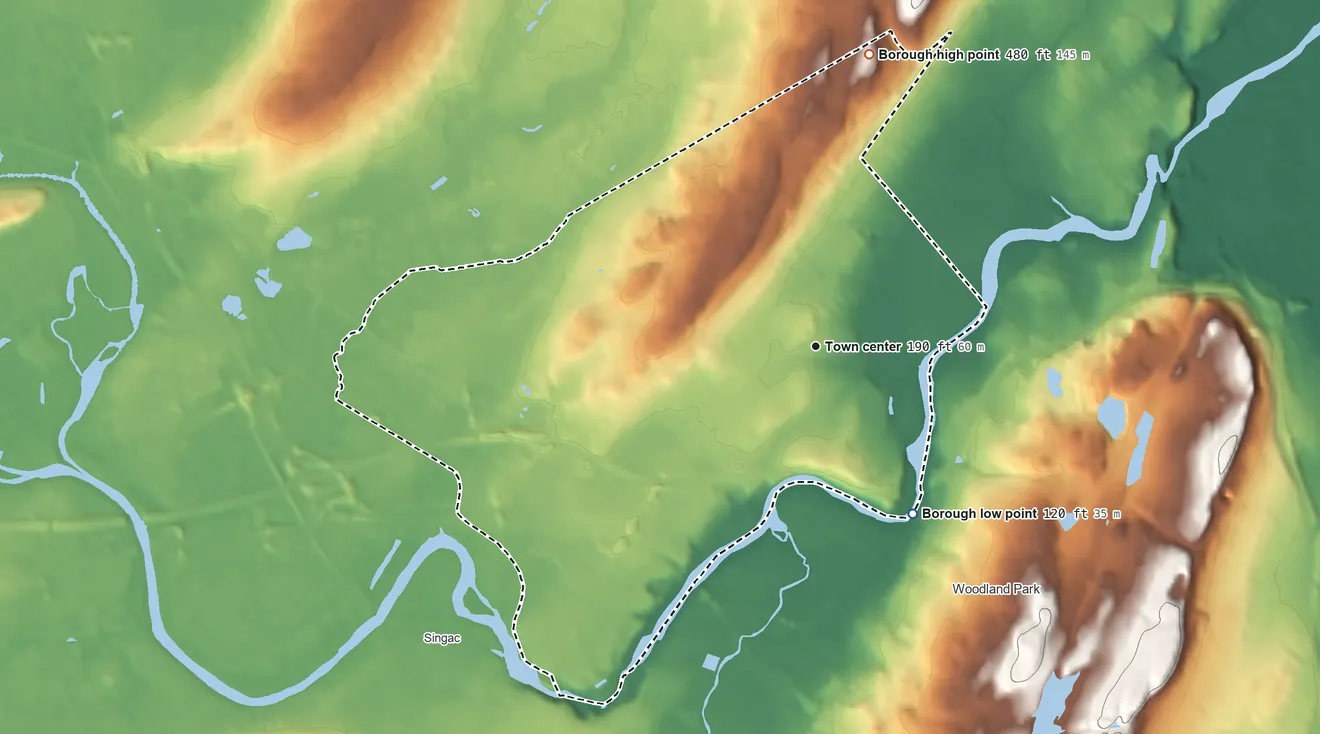 Topographic elevation map of Totowa, New Jersey, shaded from 120 ft on the southeast side to 480 ft on the north side