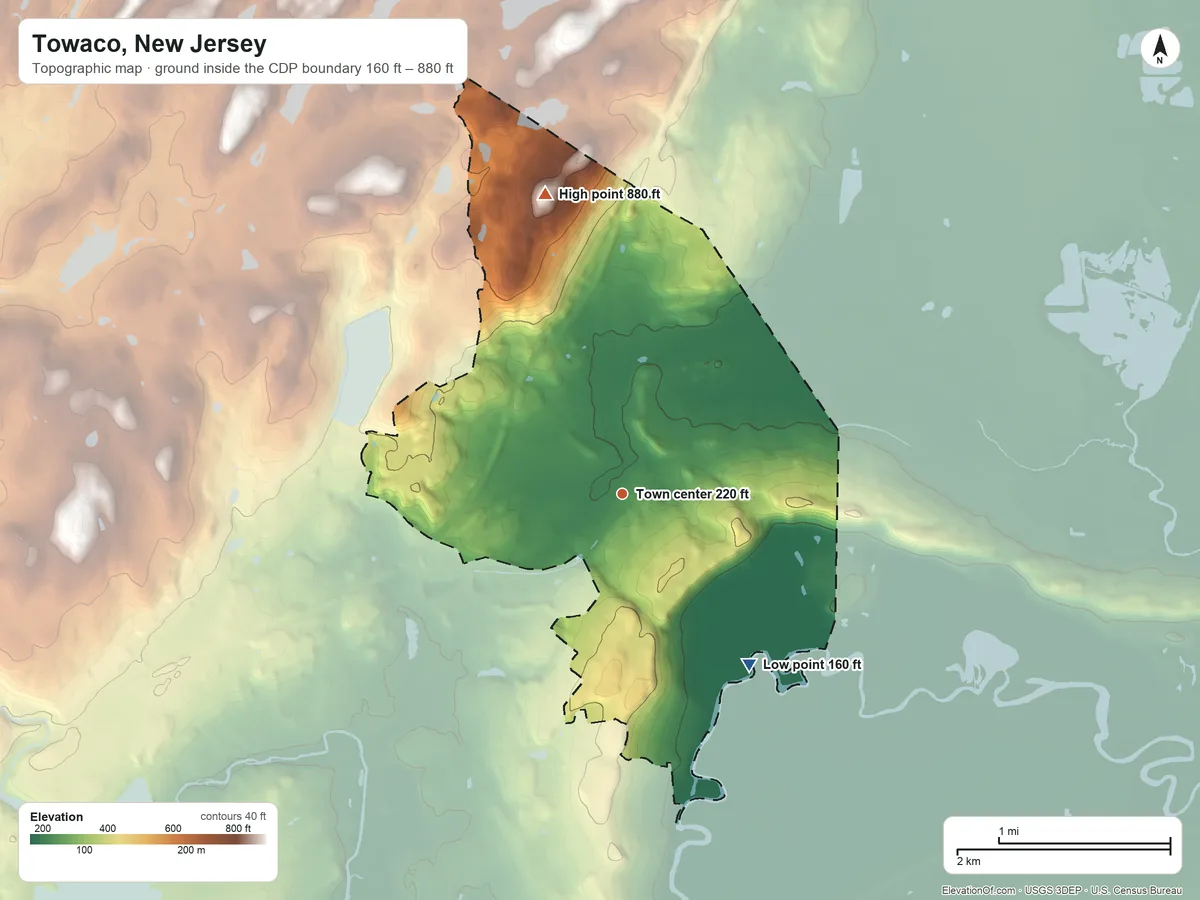 Topographic elevation map of Towaco, New Jersey, shaded from 160 ft on the southeast side to 880 ft on Waughaw Mountain