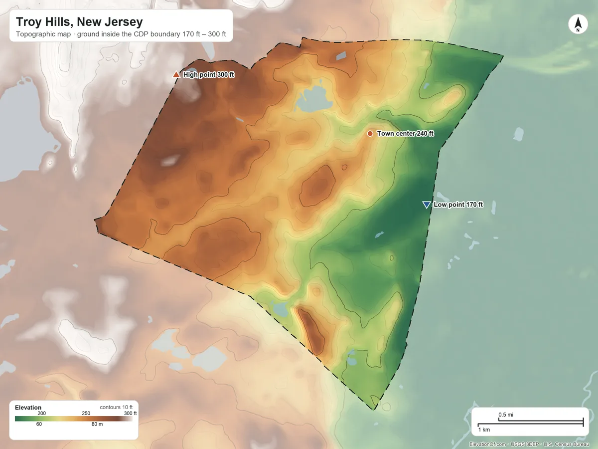Topographic elevation map of Troy Hills, New Jersey, shaded from 170 ft on the southeast side to 300 ft on the west side