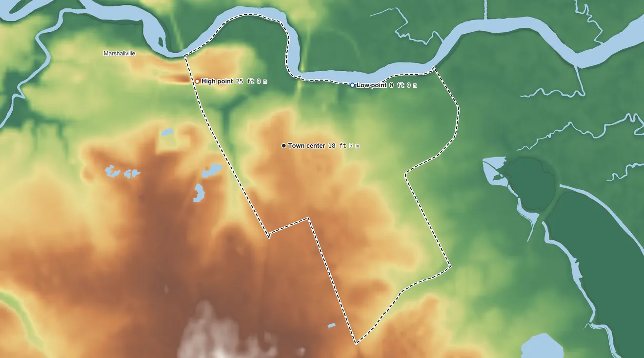 Topographic elevation map of Tuckahoe, New Jersey, shaded from 0 ft on the northeast side to 25 ft on the northwest side