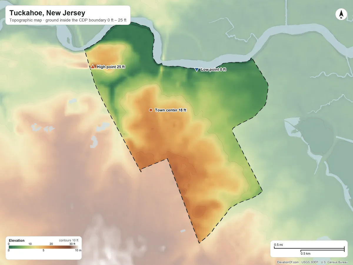 Topographic elevation map of Tuckahoe, New Jersey, shaded from 0 ft on the northeast side to 25 ft on the northwest side
