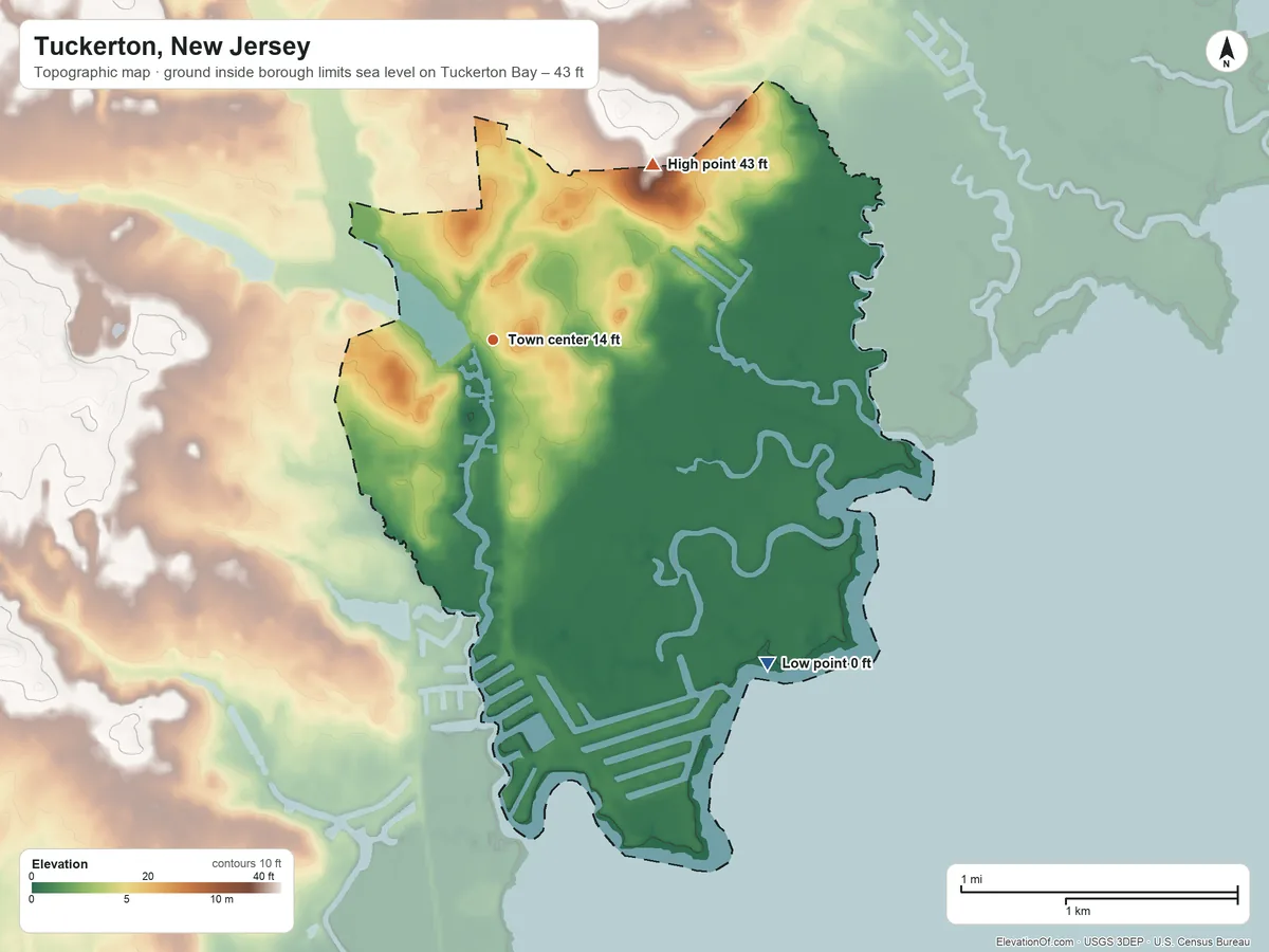 Topographic elevation map of Tuckerton, New Jersey, shaded from sea level level on Tuckerton Bay to 43 ft on the northeast side