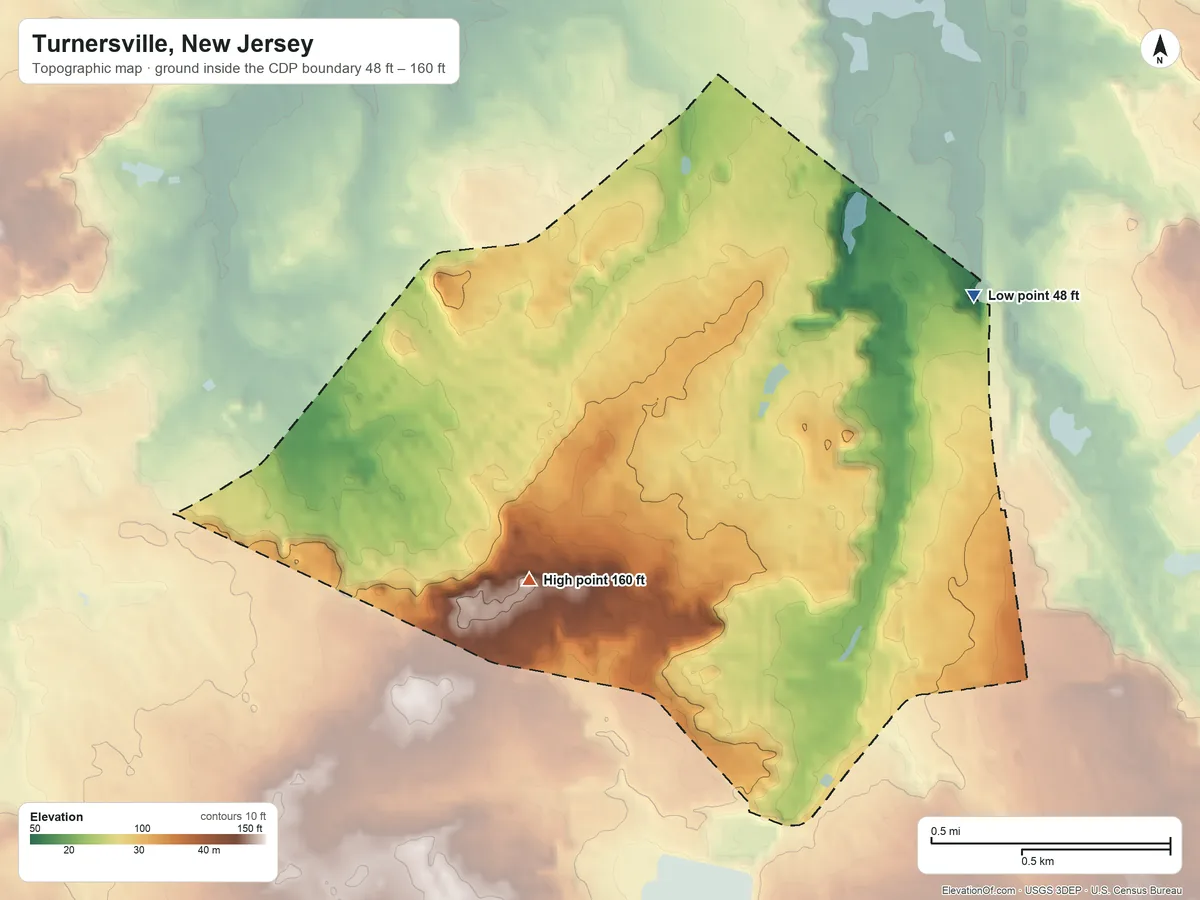 Topographic elevation map of Turnersville, New Jersey, shaded from 48 ft on the northeast side to 160 ft on the southwest side