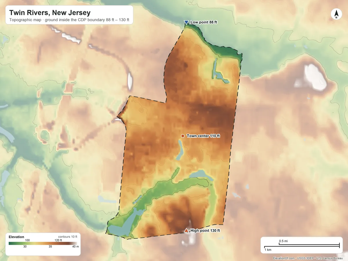 Topographic elevation map of Twin Rivers, New Jersey, shaded from 88 ft on the north side to 130 ft on the south side