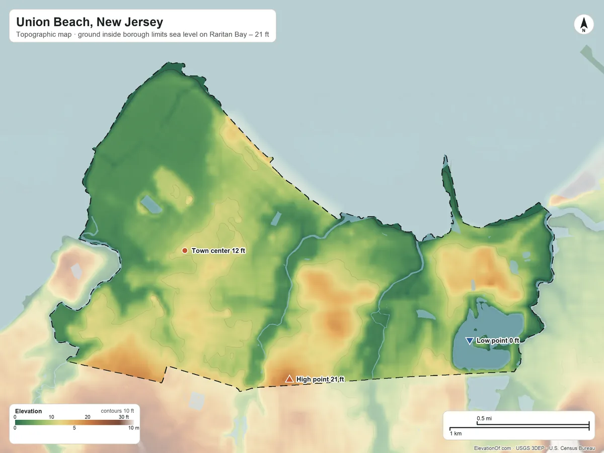 Topographic elevation map of Union Beach, New Jersey, shaded from sea level level on Raritan Bay to 21 ft on the southeast side
