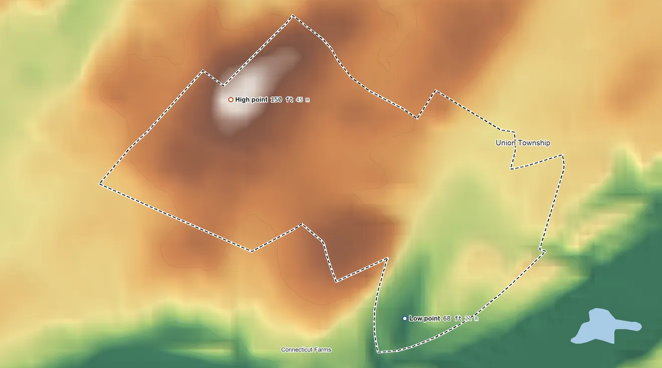 Topographic elevation map of Union, New Jersey, shaded from 68 ft on the southeast side to 150 ft on the northwest side