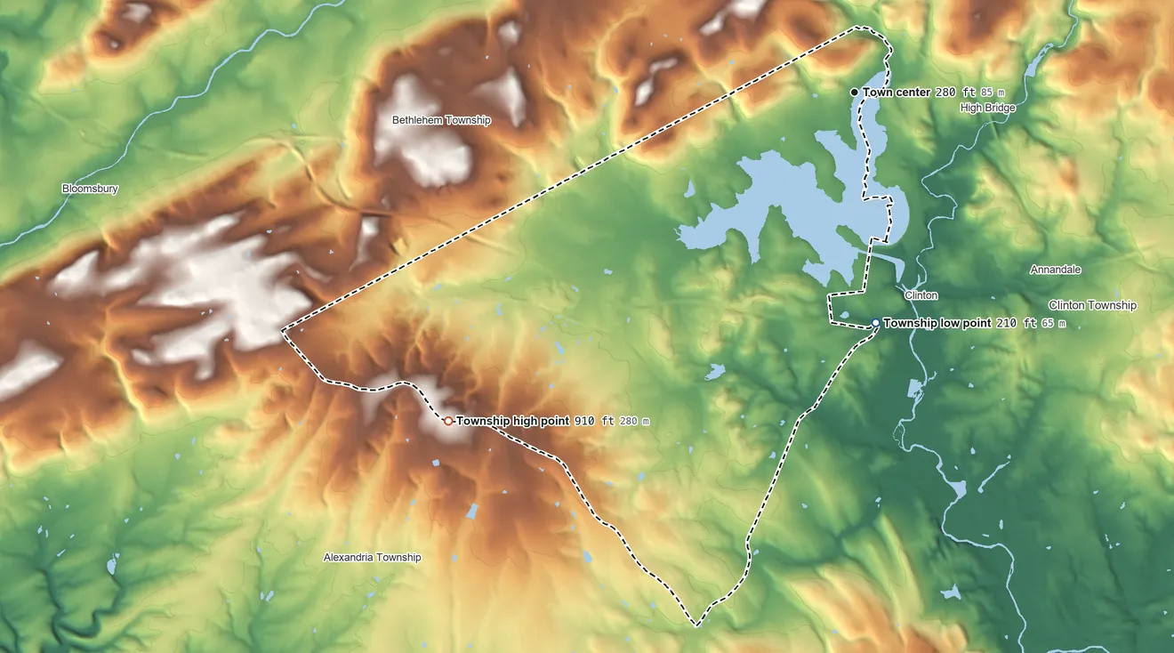 Topographic elevation map of Union Township, Hunterdon County, New Jersey, shaded from 210 ft on the south side to 910 ft on the southwest side