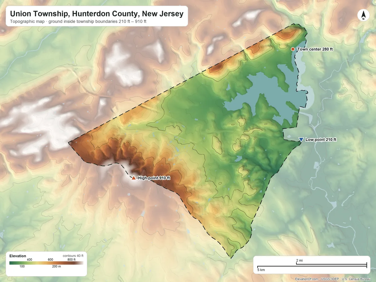 Topographic elevation map of Union Township, Hunterdon County, New Jersey, shaded from 210 ft on the south side to 910 ft on the southwest side