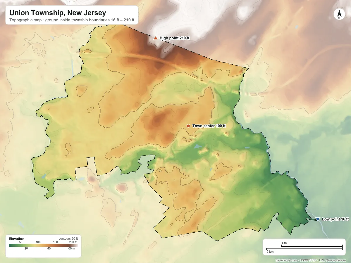 Topographic elevation map of Union Township, New Jersey, shaded from 16 ft on the southeast side to 210 ft on the north edge, below higher ground just outside