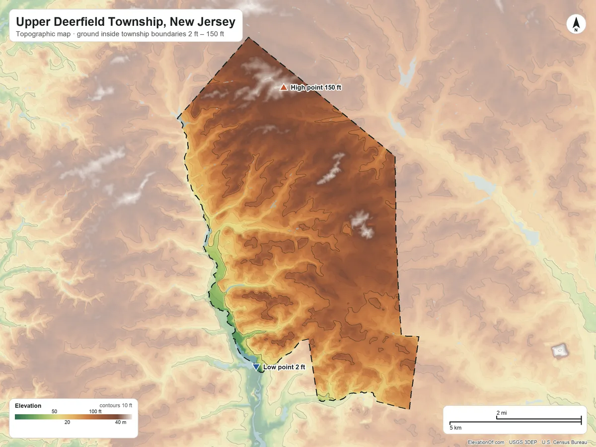 Topographic elevation map of Upper Deerfield Township, New Jersey, shaded from 2 ft on the southwest side to 150 ft on the north side