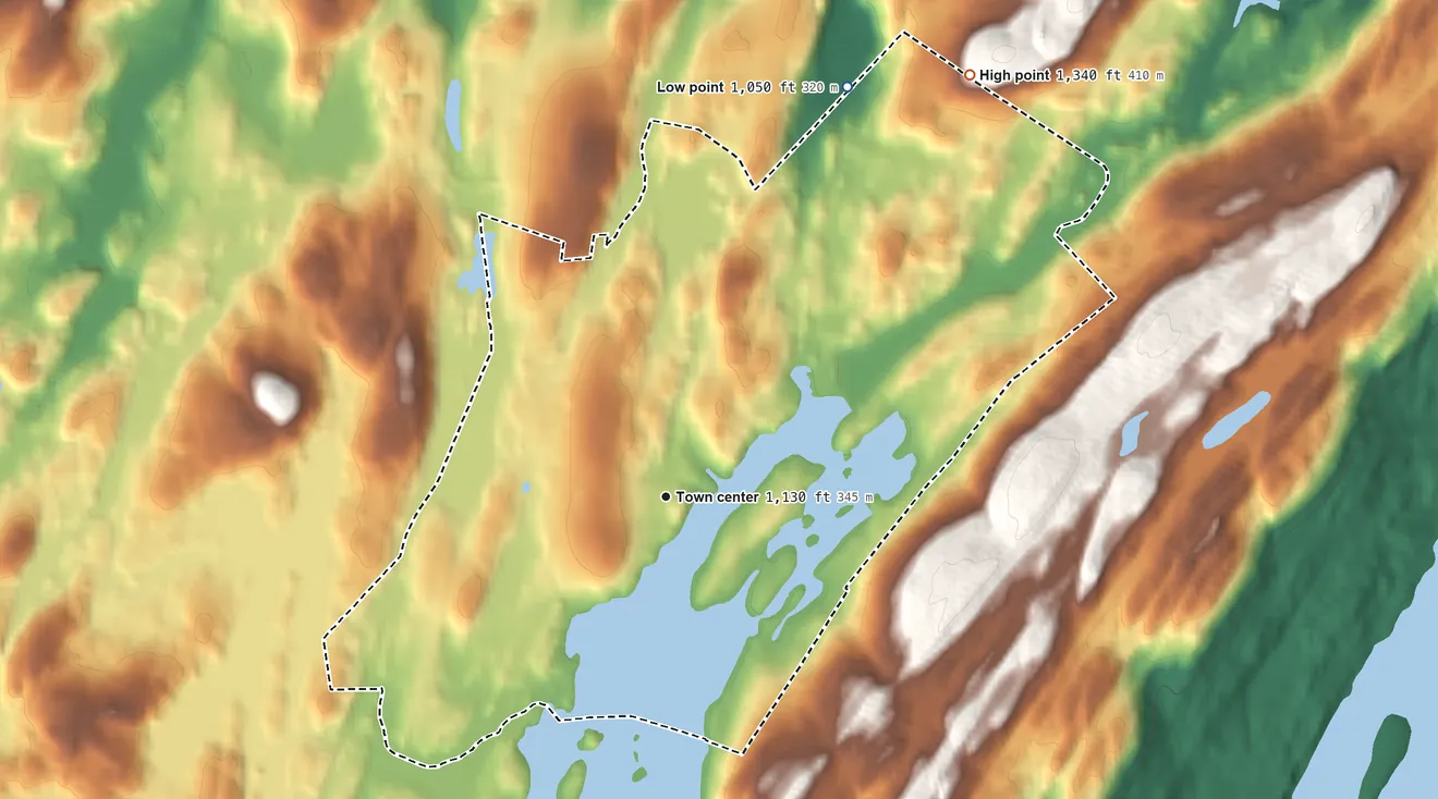Topographic elevation map of Upper Greenwood Lake, New Jersey, shaded from 1,050 ft on the northeast side to 1,340 ft on the northeast side