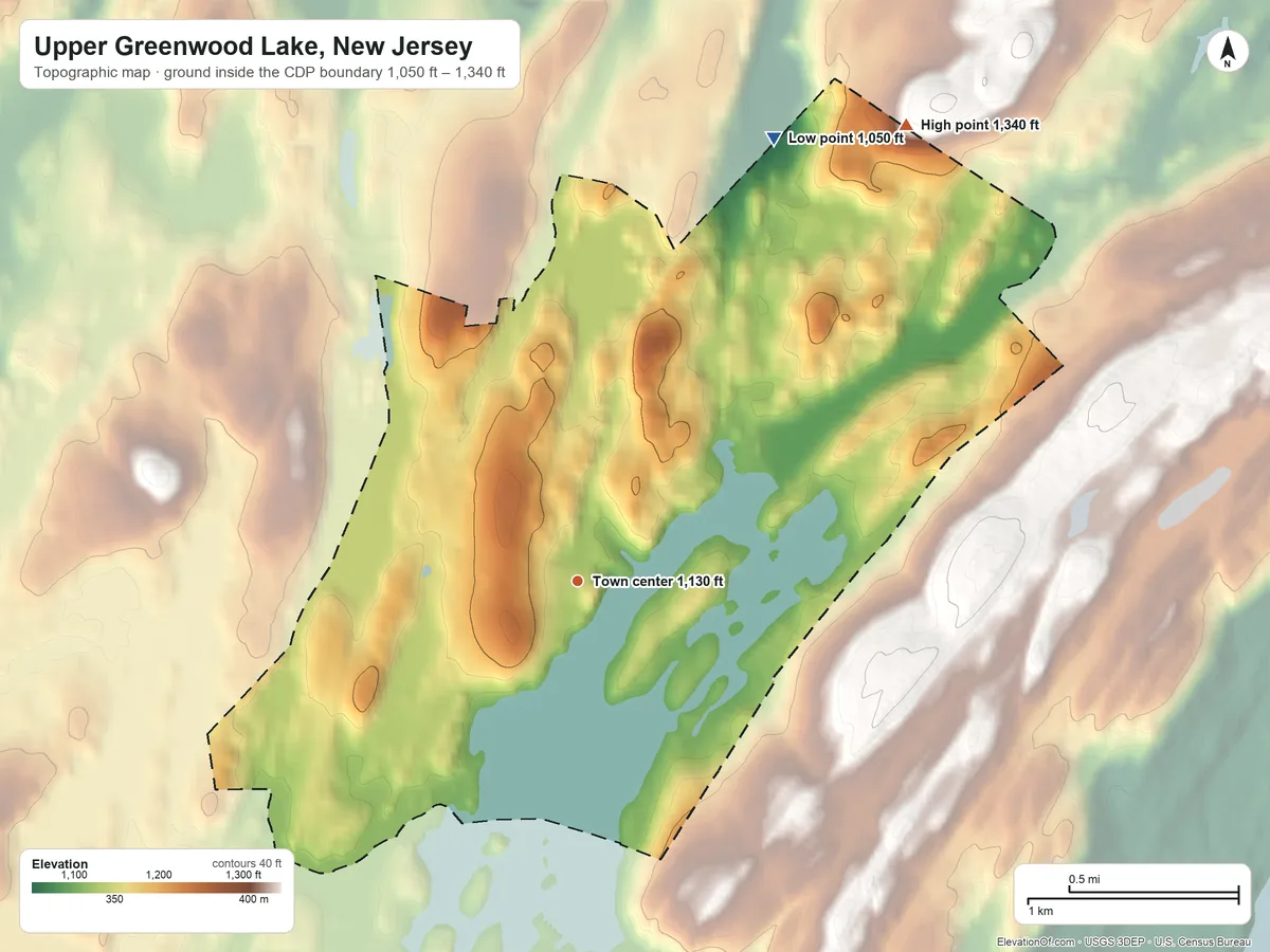Topographic elevation map of Upper Greenwood Lake, New Jersey, shaded from 1,050 ft on the northeast side to 1,340 ft on the northeast side