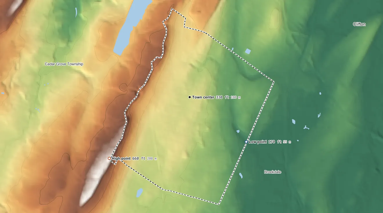 Topographic elevation map of Upper Montclair, New Jersey, shaded from 170 ft on the southeast side to 660 ft on the southwest side