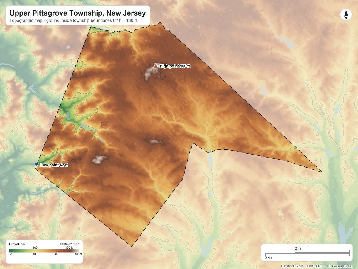 Topographic elevation map of Upper Pittsgrove Township, New Jersey, shaded from 62 ft on the west side to 160 ft on the northwest side